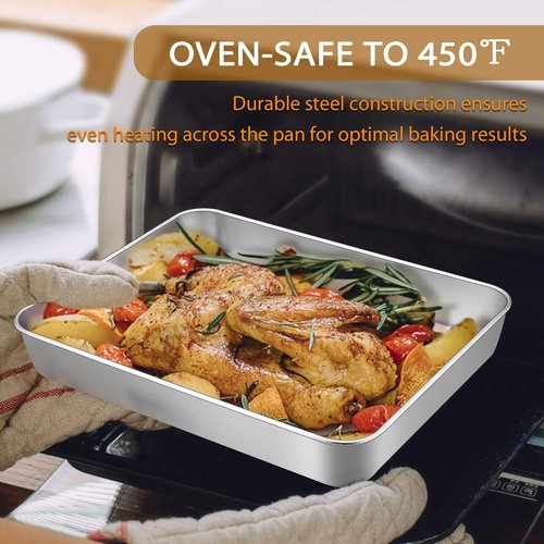 E-far Baking Pans Set - 3-Piece Stainless Steel Bakeware with Rack | Non-Toxic, Dishwasher Safe, 12.5/10.5/9.4 Inch