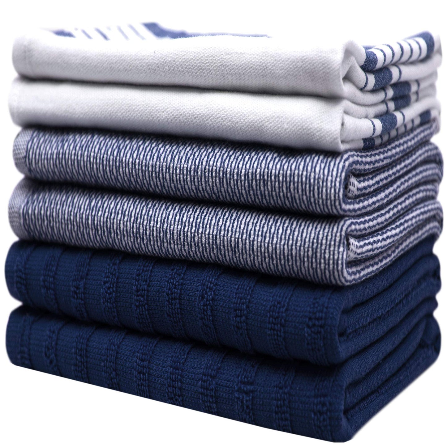 Premium Kitchen Towels (20”x 28”, 6 Pack) | Large Cotton Dish Towels | Flat & Terry Highly Absorbent Kitchen Linen Set with Hanging Loop | Navy Blue Striped