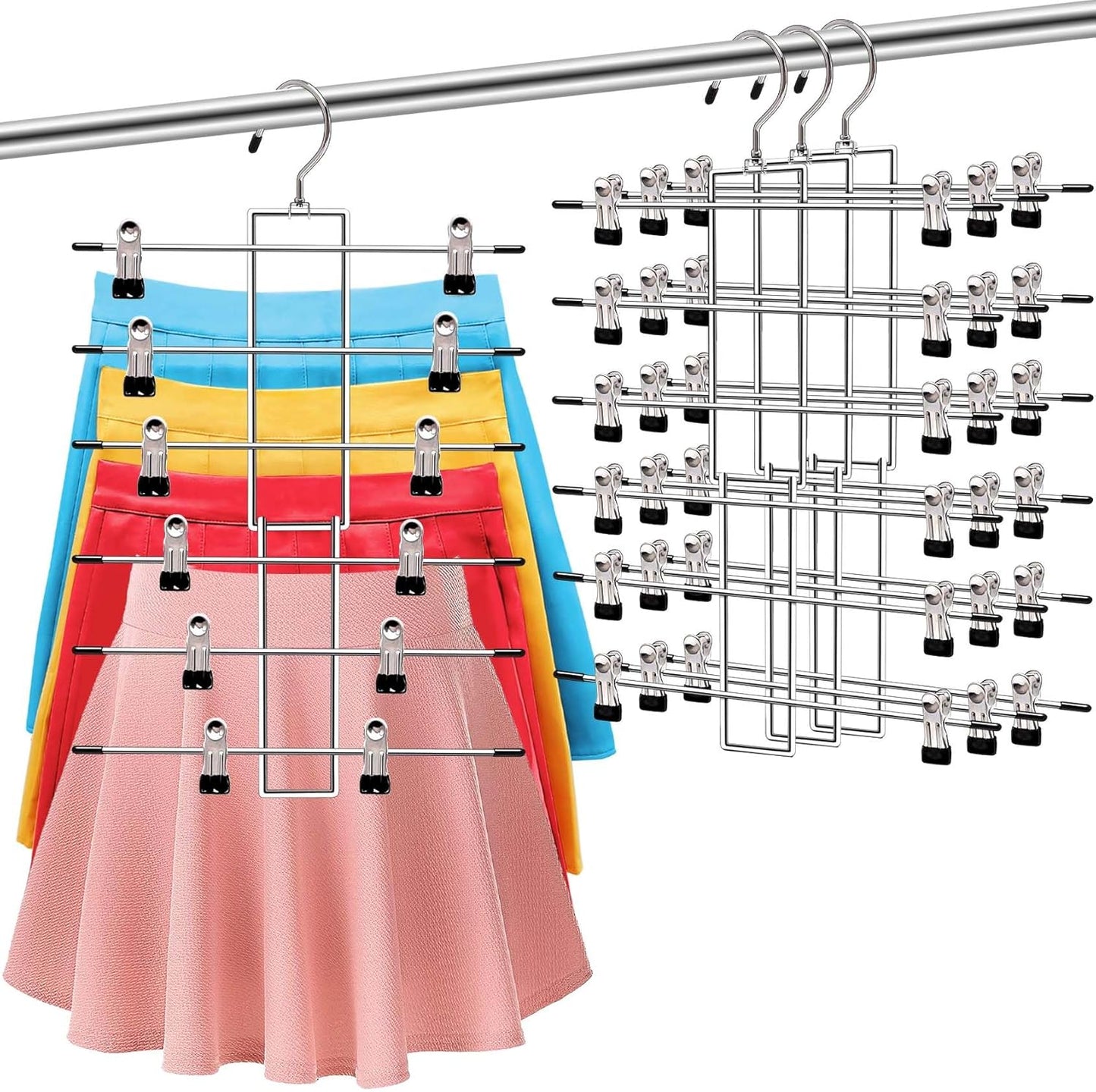 Skiennix 3-Pack Pants Hangers - Space-Saving 6-Tier Closet Organizers with Clips | Ideal for Jeans & Scarves