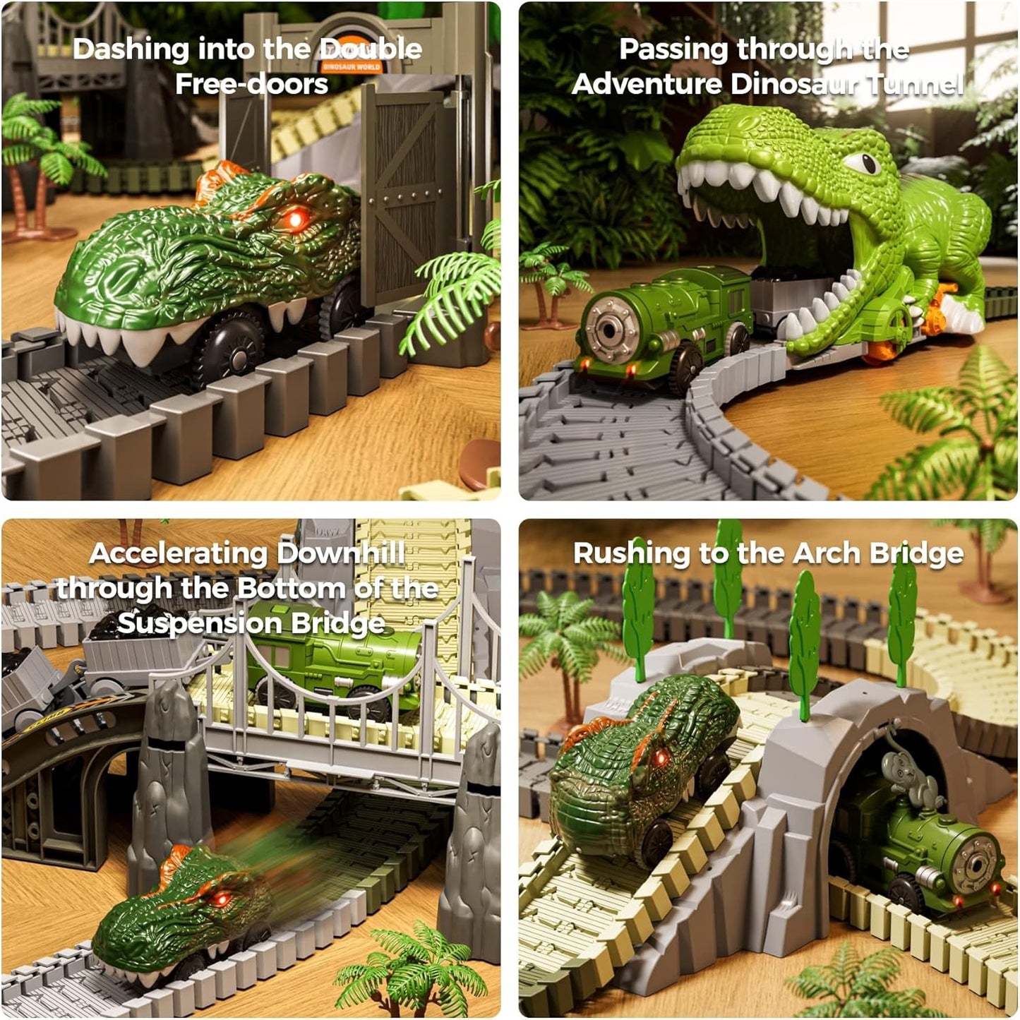 TUMAMA Dinosaur Train Set - 281 Pcs Flexible Race Track with 4 Dinosaurs & 2 Electric Cars for Kids 3-7