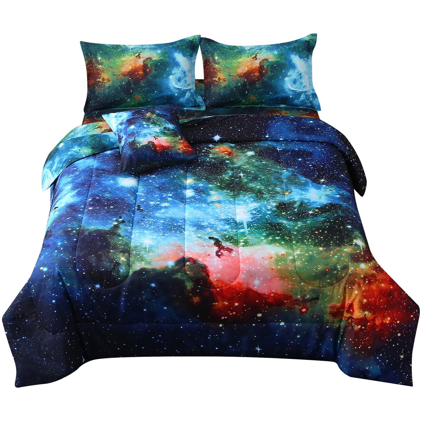 JQinHome Twin Galaxy Comforter Sets 6 Piece Bed in A Bag, Outer Space Themed Bedding for Children Boy Girl Teen Kids,1 Comforter, 1 Flat Sheet, 1 Fitted Sheet, 2 Pillowshams, 1 Cushion Cover(Blue)