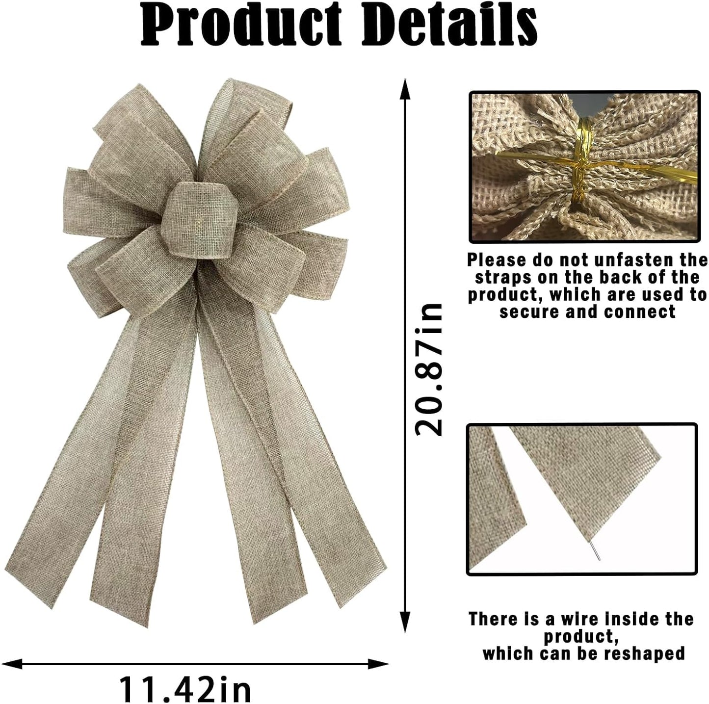 Natural Burlap Wreath Bow by Christmas | 20 x 11 Inches | Khaki Ribbon for Holiday Decor