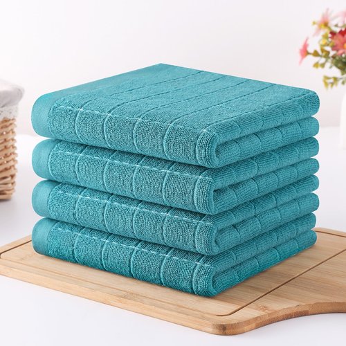 Homaxy 100% Cotton Terry Kitchen Towels(Lake Blue, 13 x 28 inches), Checkered Designed, Soft and Super Absorbent Dish Towels, 6 Pack