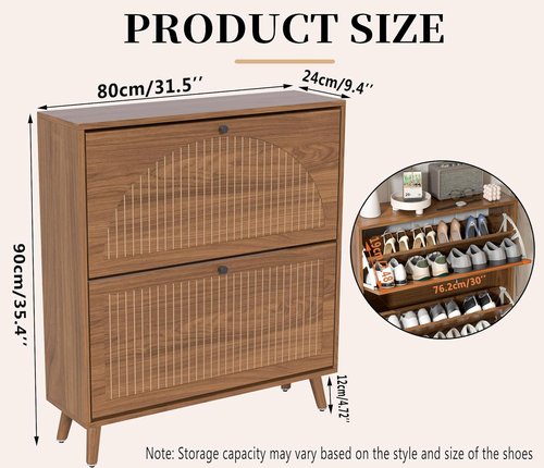 Fsbecl Shoe Storage Cabinet - Narrow Wood Organizer with 2 Flip Drawers | Stylish Walnut Finish for Entryway