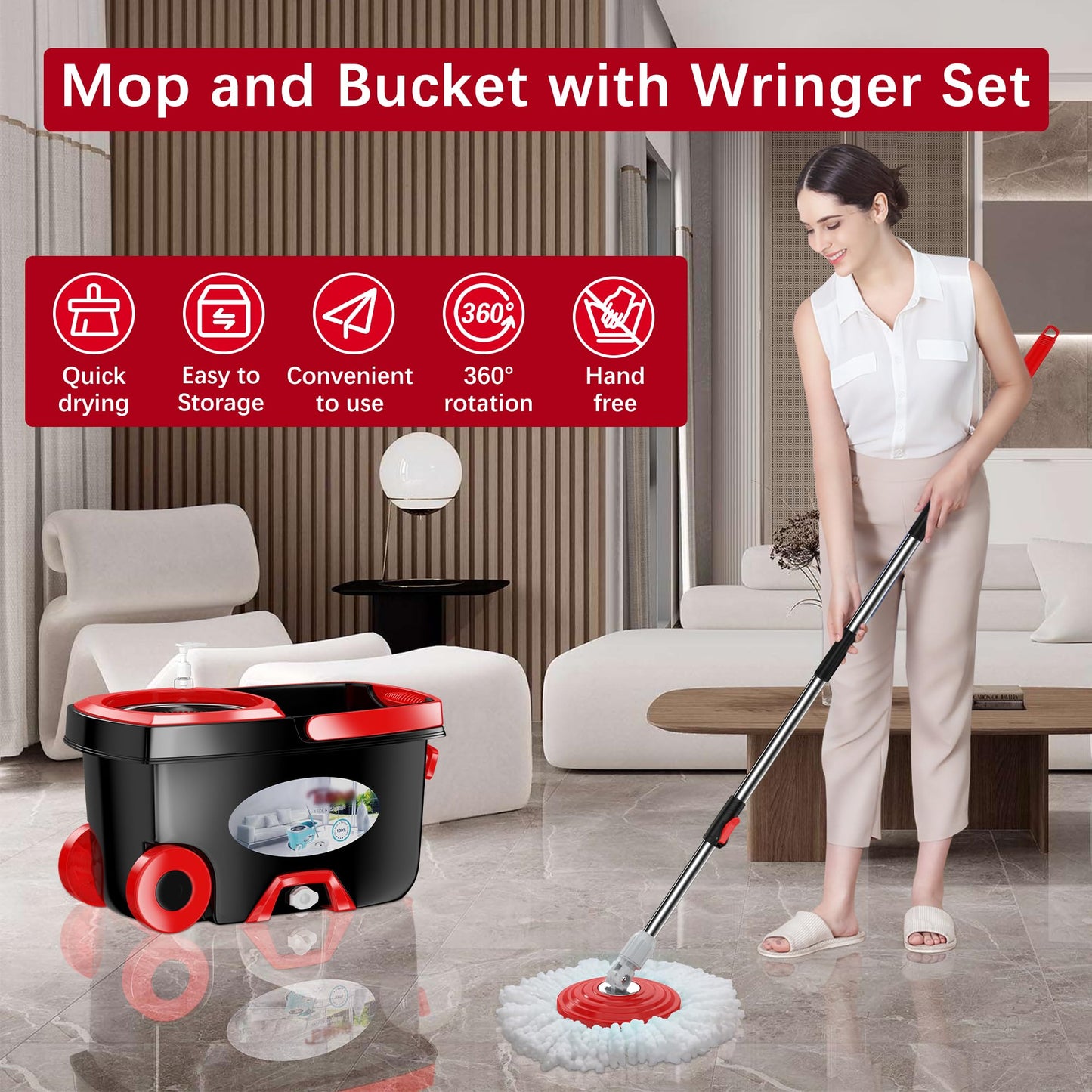 FunClean 360° Spin Mop and Bucket Set with Wringer, 6 Extra Microfiber Heads, 61" Extended Handle for Effortless Floor Cleaning, 2X Wheel Design - Black