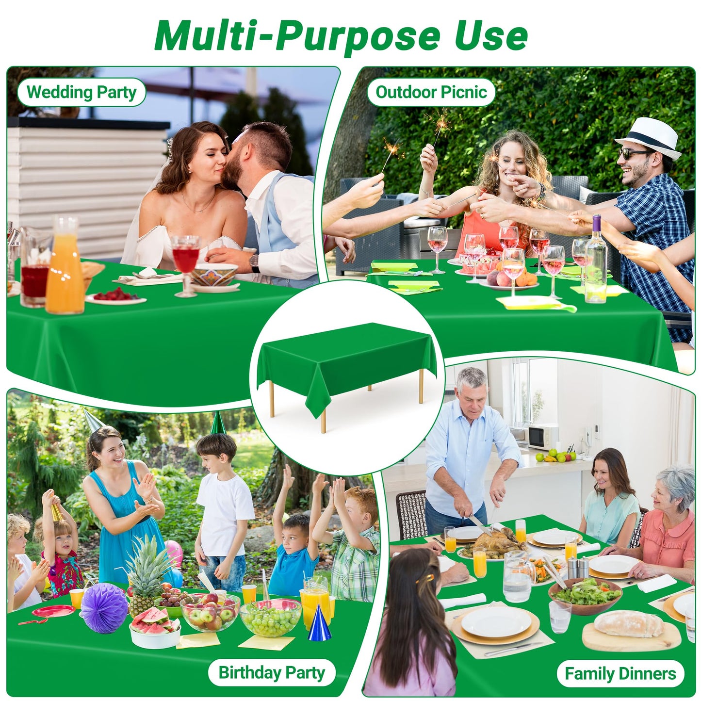 QZYL 12 PCS Disposable Plastic Table Cover, 54 X 108 in Large Table Cloth Rectangle, Green Plastic Tablecloth, Decorative Smooth Tablecloth for Parties Weddings Picnics Outdoor Events