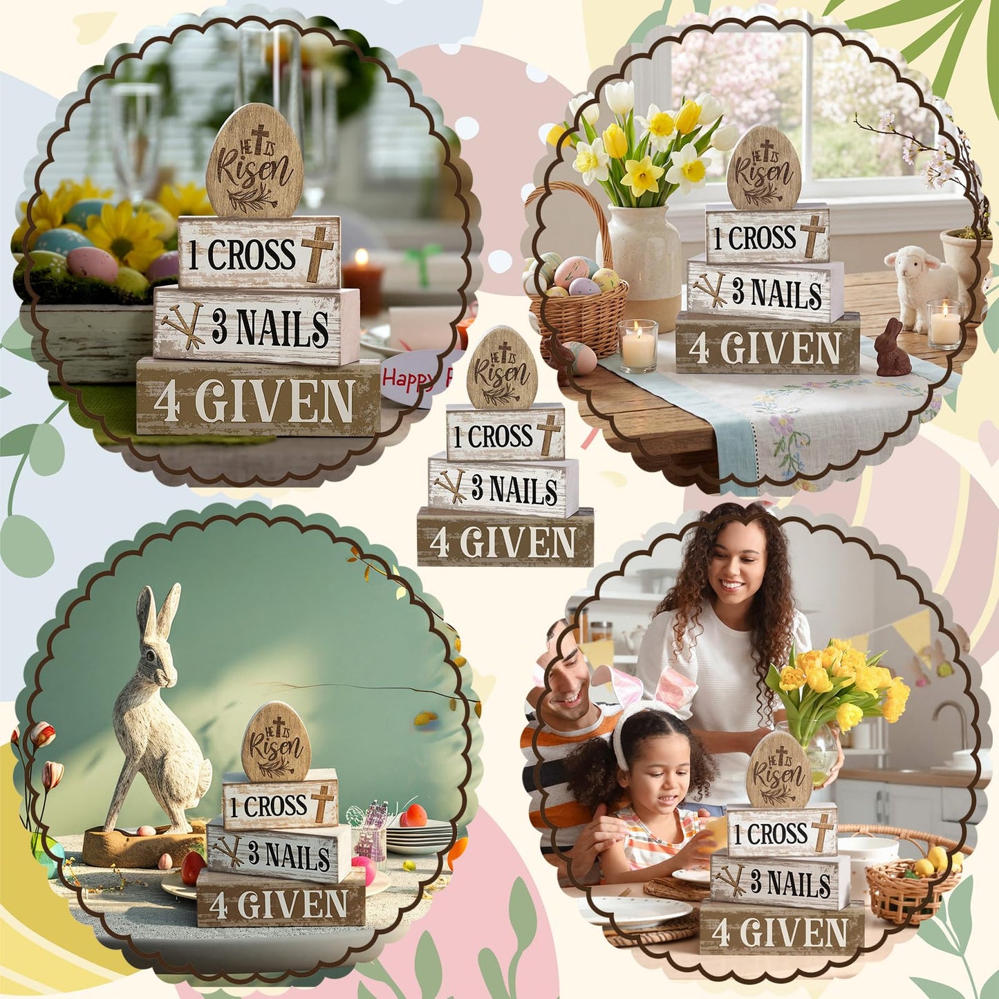 Lineshading 4 Pcs Easter Table Decoration Easter Gifts He Is Risen Tiered Tray Decor Christian Gifts Wooden Eggs Basket Stuffers Centerpieces for Holy Week Home Kitchen Party Decorations