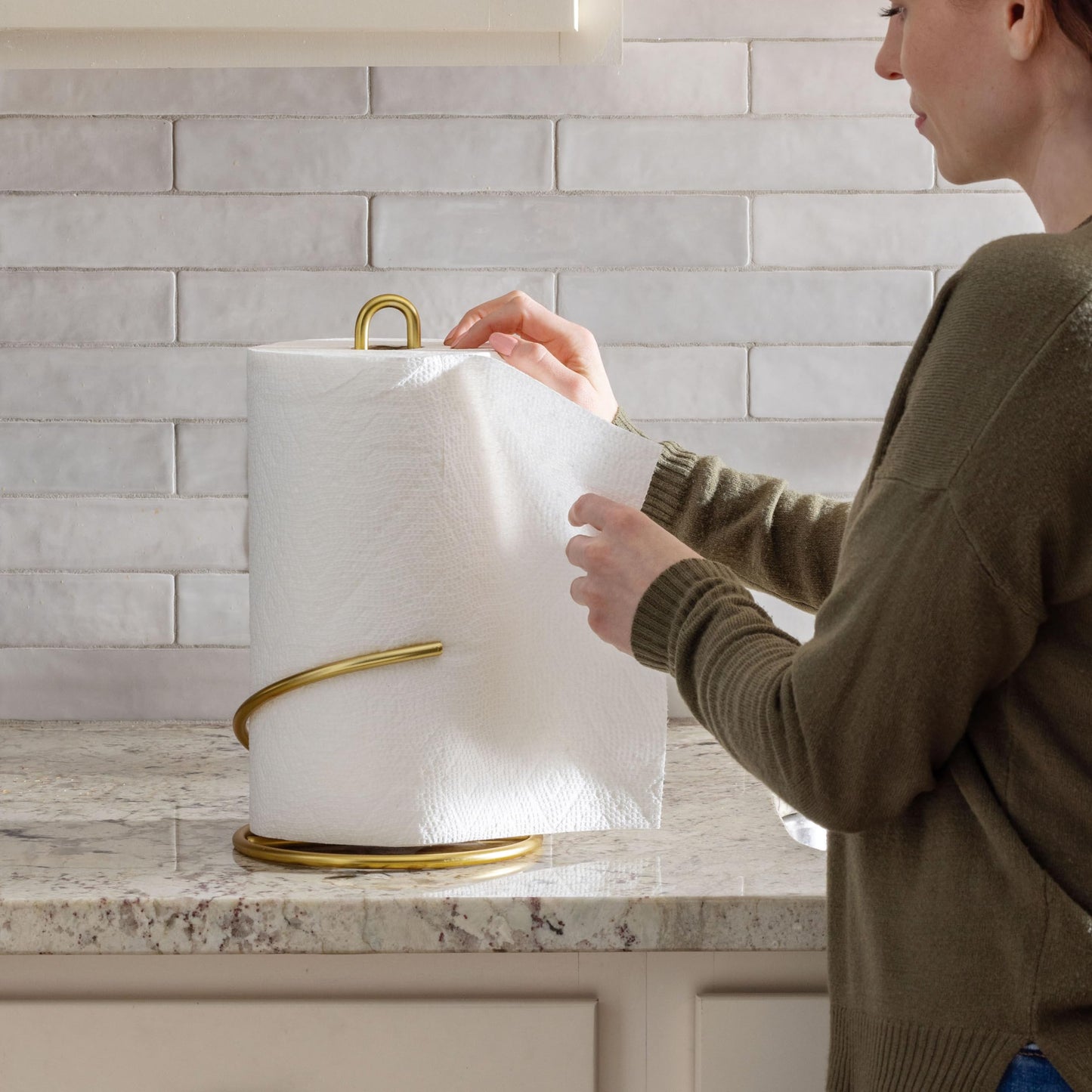 Spectrum Euro Gold Paper Towel Holder Countertop Kitchen Organizer Roll Stand Dispenser with Easy Tear Arm, Weighted Sturdy Base Fits Standard Jumbo Rolls Modern Design Durable Construction