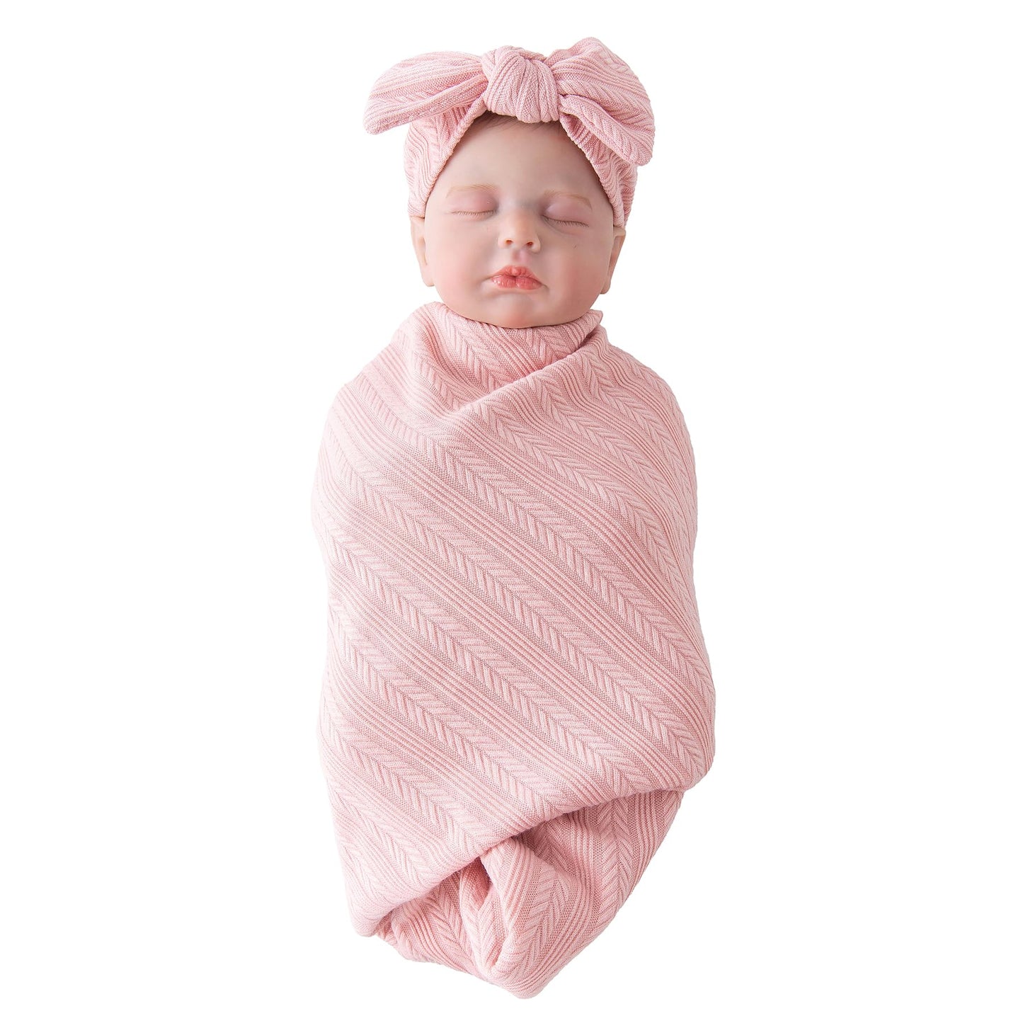Jastore Baby Infant Swaddle Blankets for Girls 3PCS Newborn Accessories Set with Matching Hat and Bow Headband (Pale Pink, 33"*35")