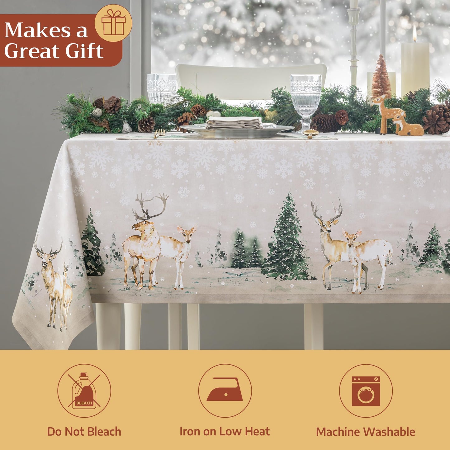 Maison d' Hermine Table Cloth Rectangle Table 100% Cotton 70 x 90 Inches Fall Tablecloth Reusable Everyday Use for Thanksgiving Christmas Decorations Dining Farmhouse Party (Deer in The Woods)