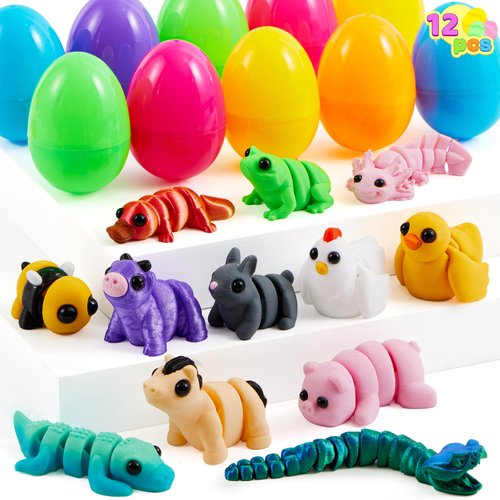 JOYIN 12Pcs Prefilled Easter Eggs with 3D Mini Animals, Magic Toy, Easter Basket Stuffers for Boys & Girls, Easter Theme Party Favors, Easter Egg Hunt, Classroom Prize Supplies(Age 8+)