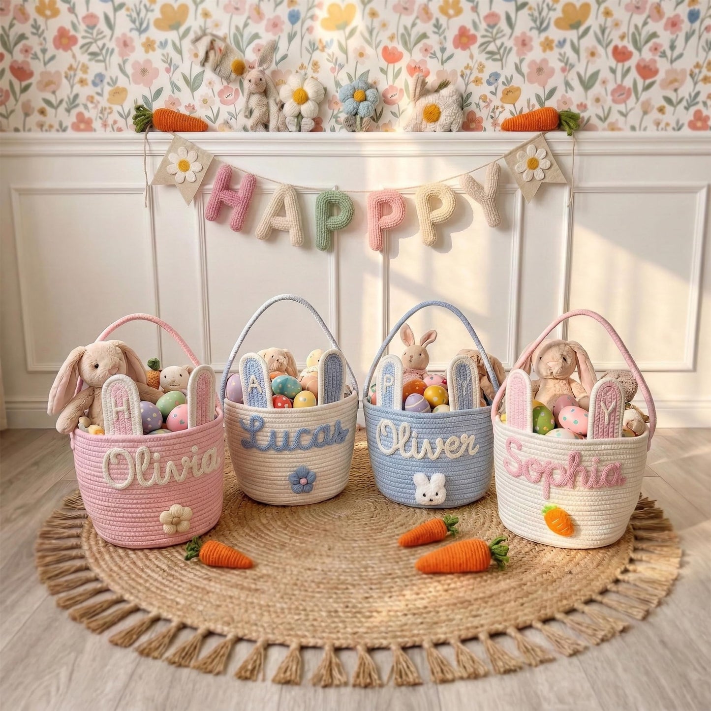Personalized Embroidered Baby Easter Basket with Name, Custom Bunny Baskets Egg Hunt for Kids, Baby Easter Gift, Egg Hunt Basket for Kids, Boys, Girls A3
