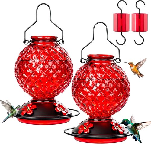 Glass Hummingbird Feeder - 25 OZ Outdoor Nectar Feeder with 4 Bee Guards & Ant Moat | 2 Pack, Red