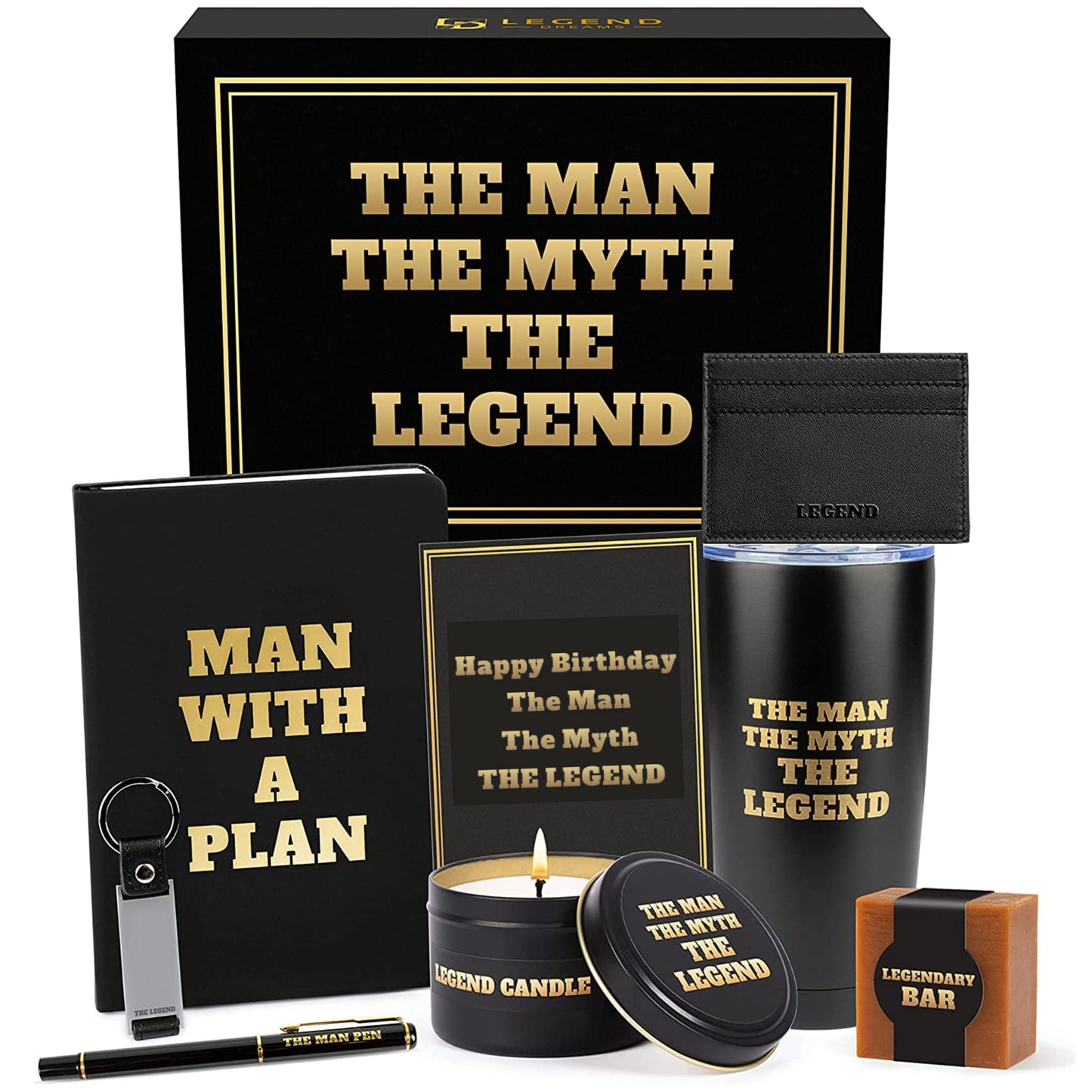 Legend Dreams Birthday Gifts for Men: 9 Premium Items, Perfect for Dad, Husband, Boyfriend, Boss, Friend, Brother or Grandpa – Legendary Gift Set to Celebrate Valentine's Day