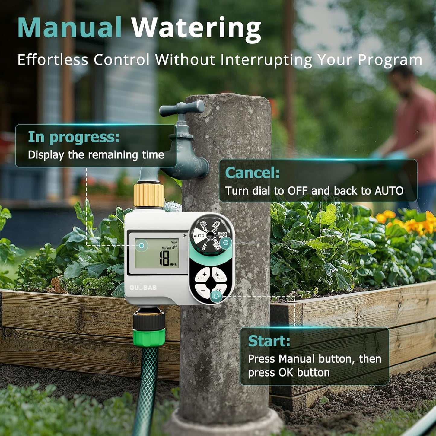 QUOBAS Brass Sprinkler Timer - Programmable Garden Hose Timer with Waterproof HD Screen & Rain Delay
