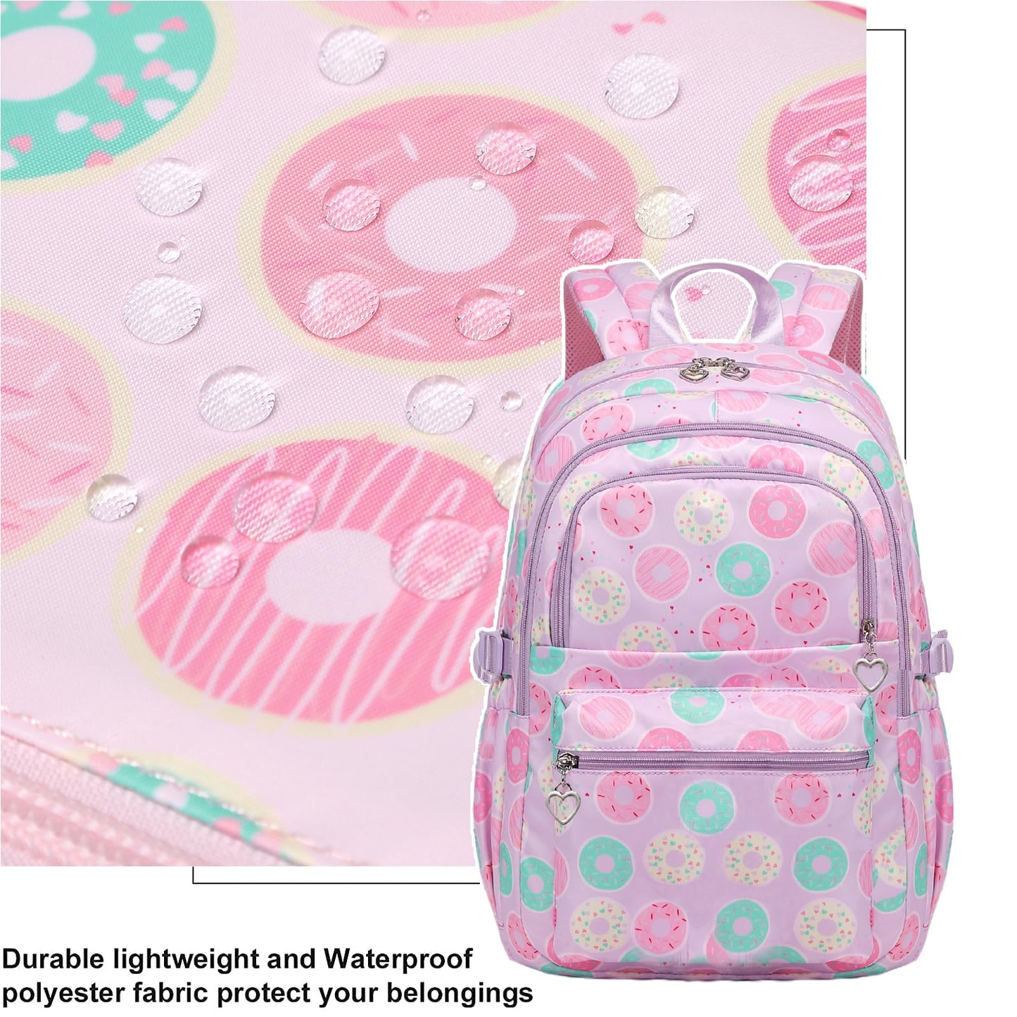 Joyfulife 3Pcs Donut Prints Backpack Sets Kids Bookbags Primary School Daypack Elementary Students Knapsack for Teens Girls
