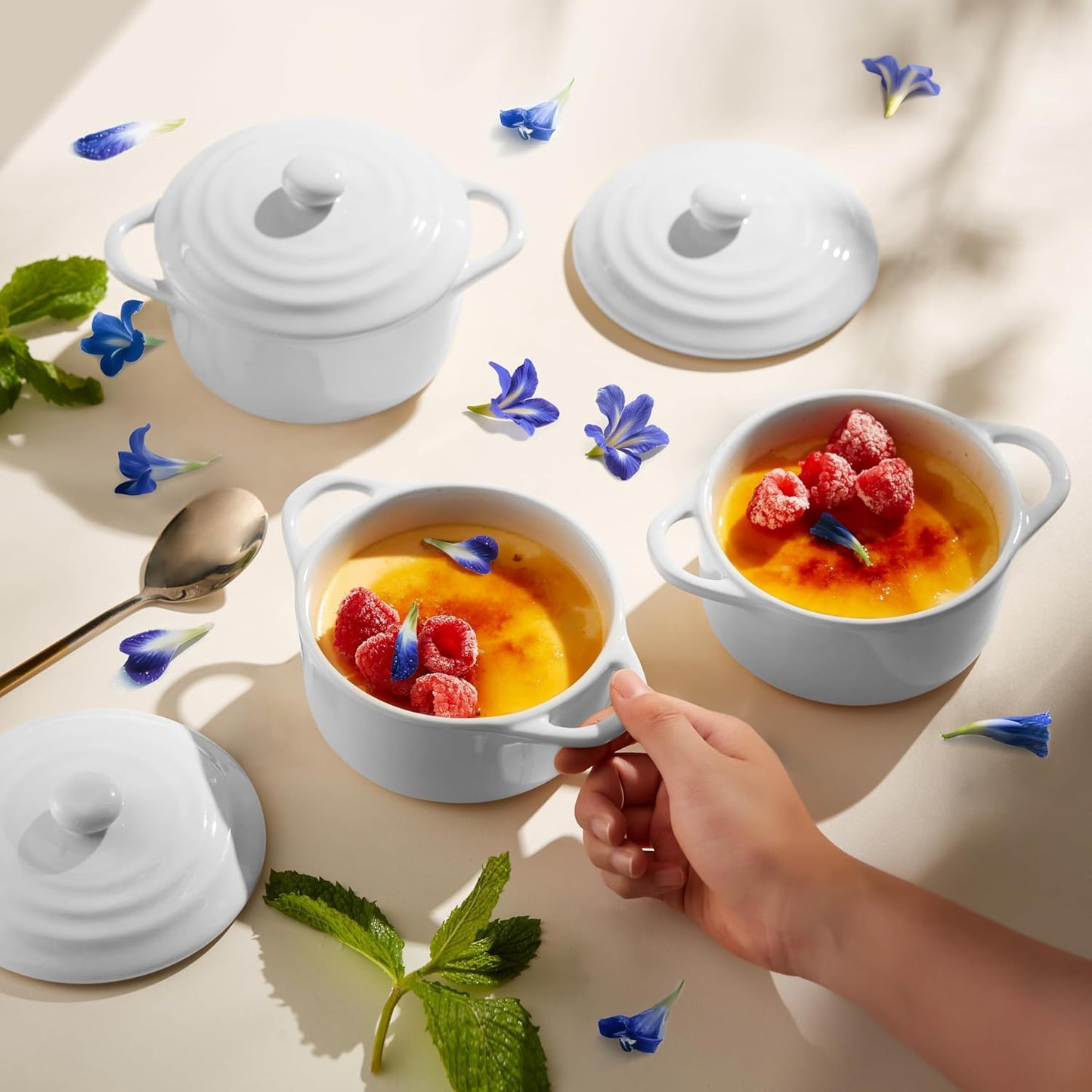 Kook Ceramic Mini Cocotte Set - Small Casserole Dishes with Lids | Oven Safe 350°F, 12 oz, Set of 4 (Swiss White)