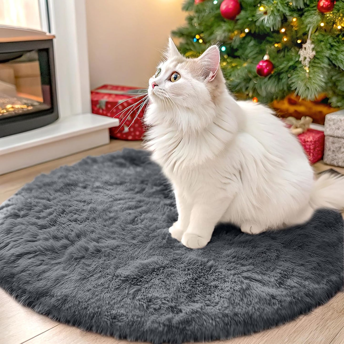 OLANLY Grey Round Area Rug - Soft, Fluffy Shaggy Carpet for Bedroom & Living Room | 2 ft Circle