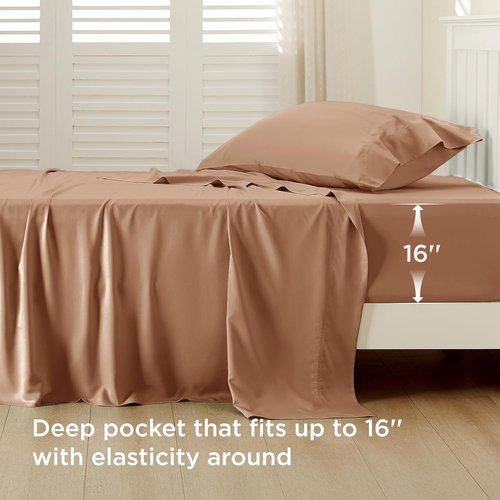 Bedsure Cooling Twin XL Sheets - Breathable & Soft Rayon from Bamboo | Deep Pocket Up to 16 Inches, Khaki