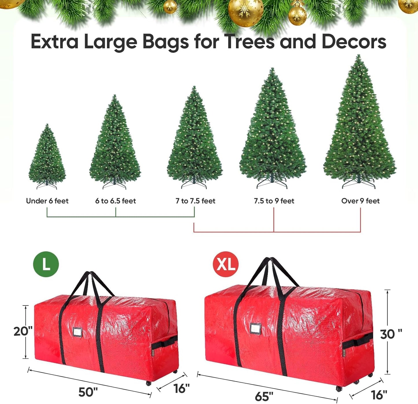BALEINE 7.5 ft Heavy-Duty Christmas Tree Storage Bag - Extra Large with 2 Swivel Wheels & Reinforced Handles | Green