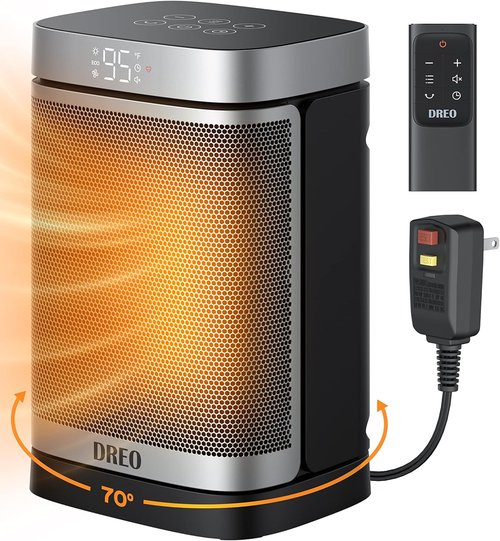 DREO Portable Space Heater - 1500W Safe & Quiet PTC Ceramic with 70° Oscillation & Remote Control | Digital Thermostat, 12h Timer