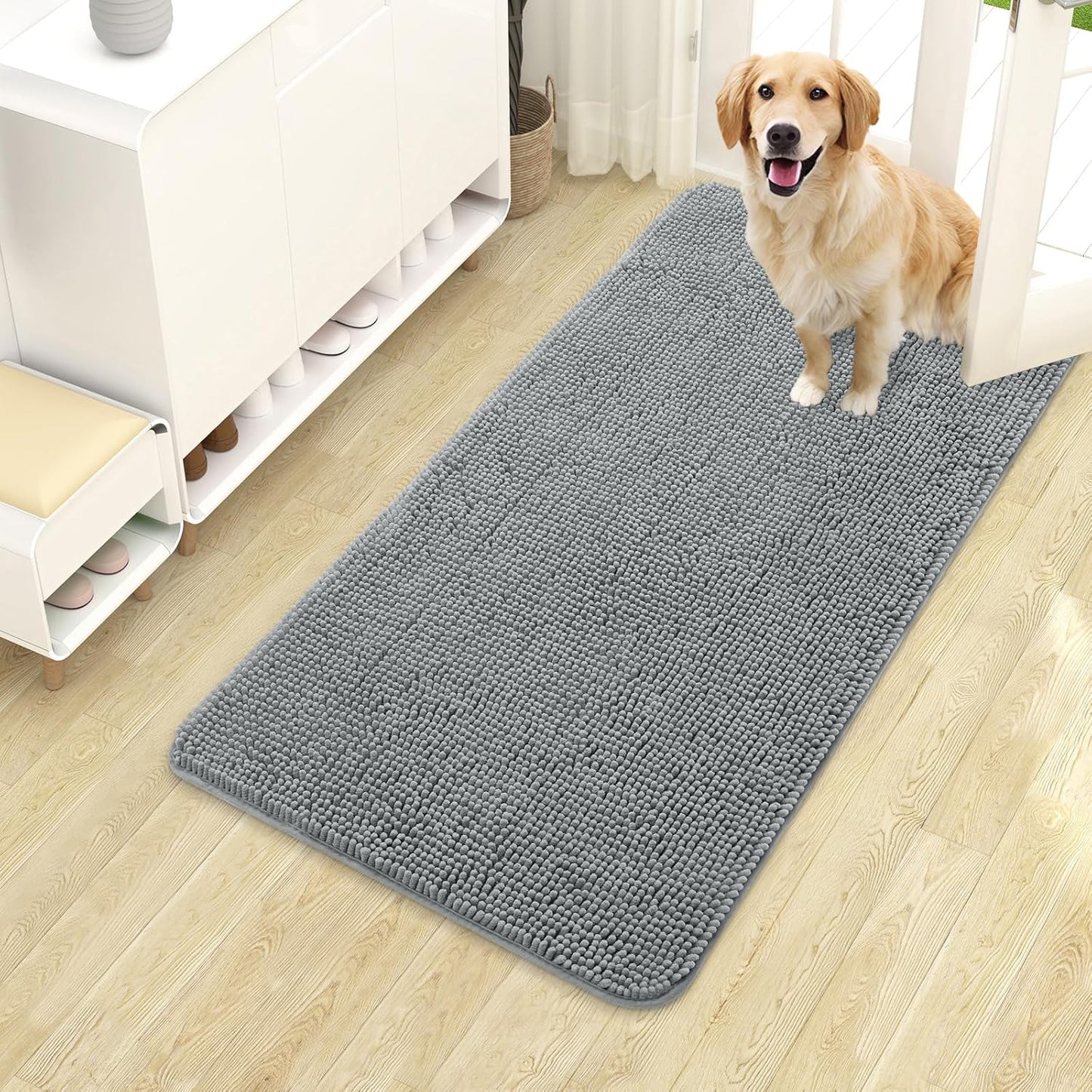 OLANLY Dog Door Mat - Absorbent Non-Slip Chenille for Muddy Paws | 40x24 Inches, Quick Dry Grey Doormat