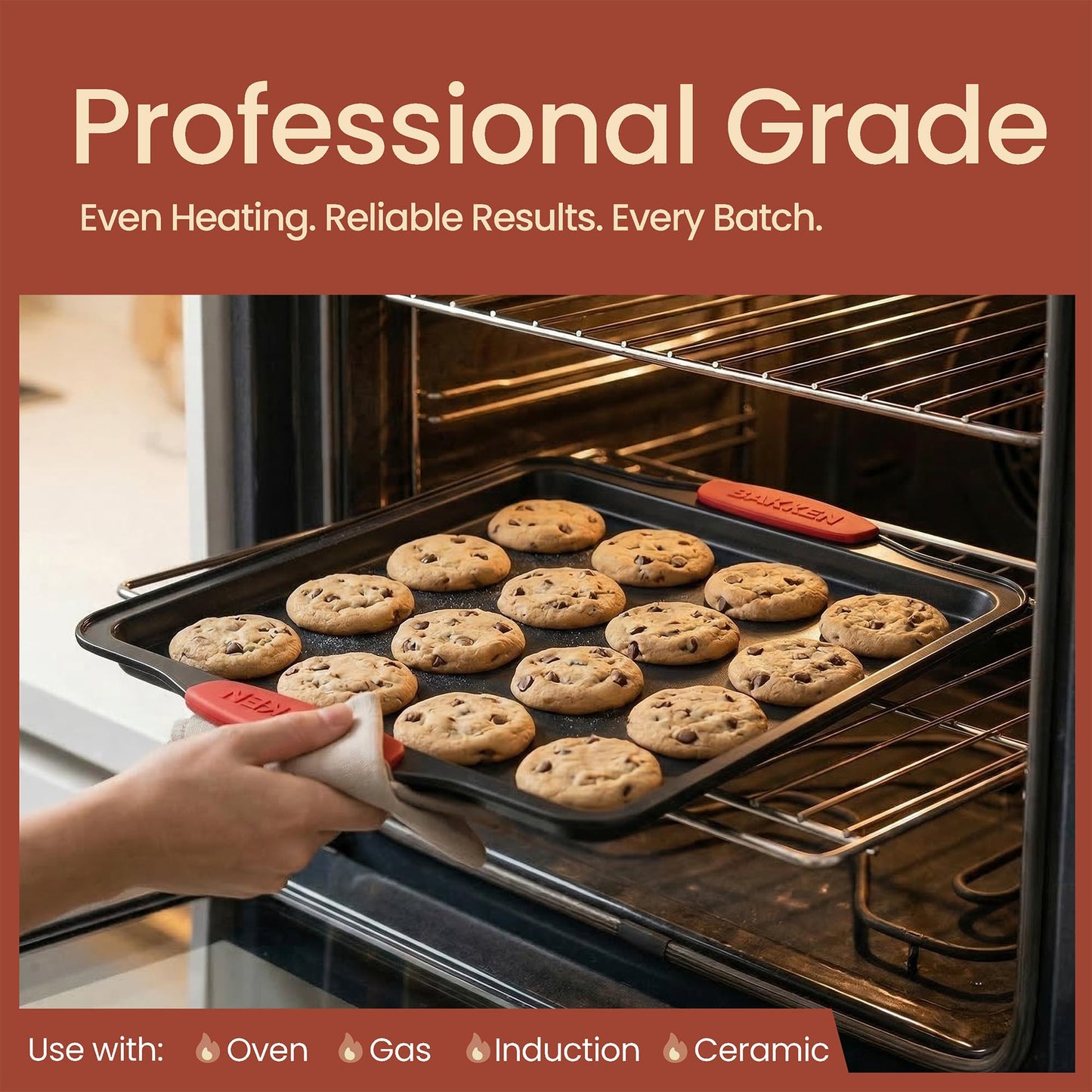 Baking Pan Set – 3 Piece Cookie Sheet – Deluxe Black Non-Stick Carbon Steel – Silicone Handles – Commercial Grade Restaurant Quality – PFOA PFOS and PTFE Free by Bakken