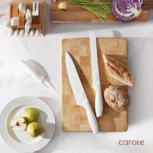 CAROTE 15-Piece Knife Set - Elegant White Ceramic-Coated Blades with Stylish Wooden Block for Modern Kitchens