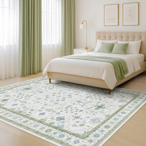 Hazo Haus Cream Oushak 6x9 Area Rug - Boho Floral Design in Cool Blue & Green, Washable Non-Slip