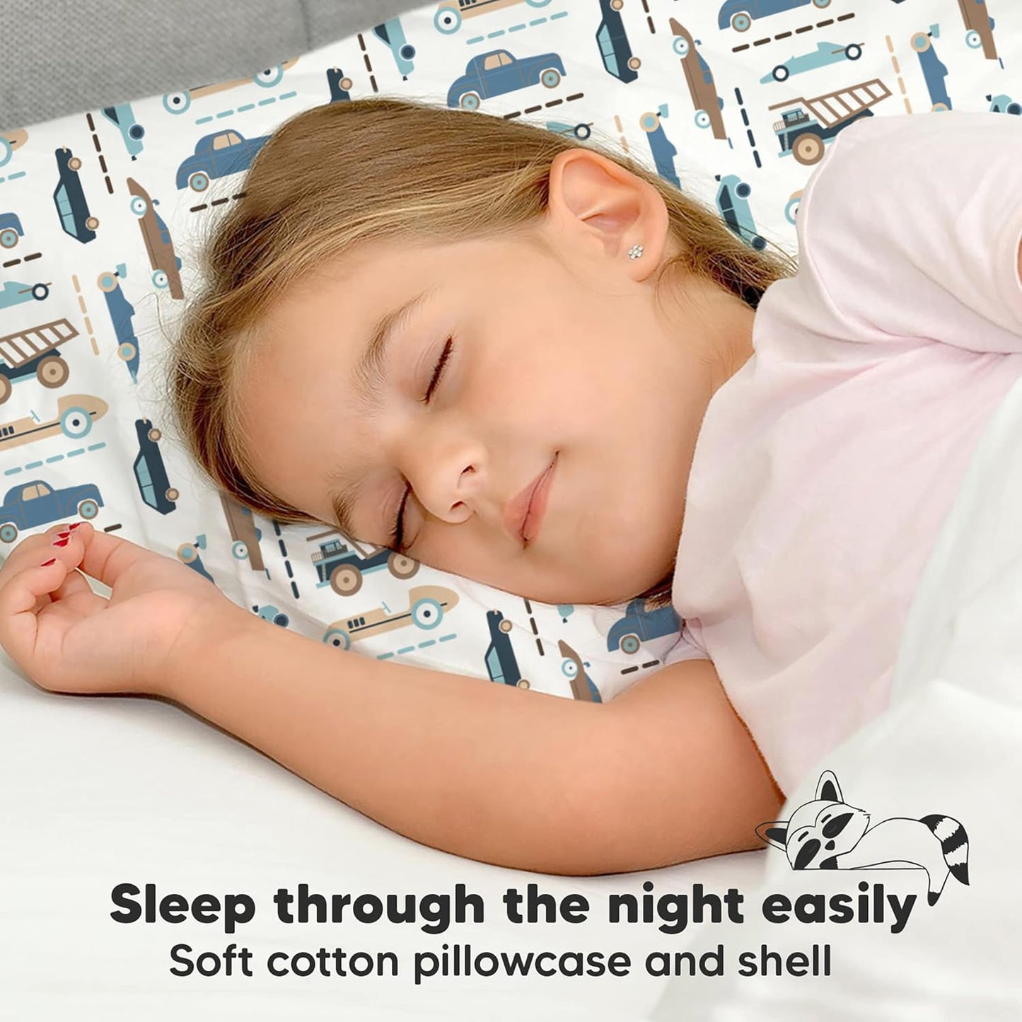 My Little Dreamy Toddler Pillow - Organic Cotton Travel Bed Pillow with Soft Pillowcase | 13x18, Machine Washable, Ideal for Ages 2-5 (Vroom)
