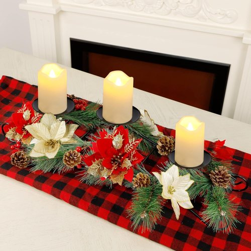 Joliyoou Christmas Poinsettia Candle Holder - 17.5" Tabletop Centerpiece with 3 Battery Operated Lights