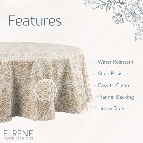 Elrene Home Fashions Savannah Boho Paisley Water- and Stain-Resistant Vinyl Tablecloth with Flannel Backing, 60 Inches X 84 Inches, Oval, Taupe