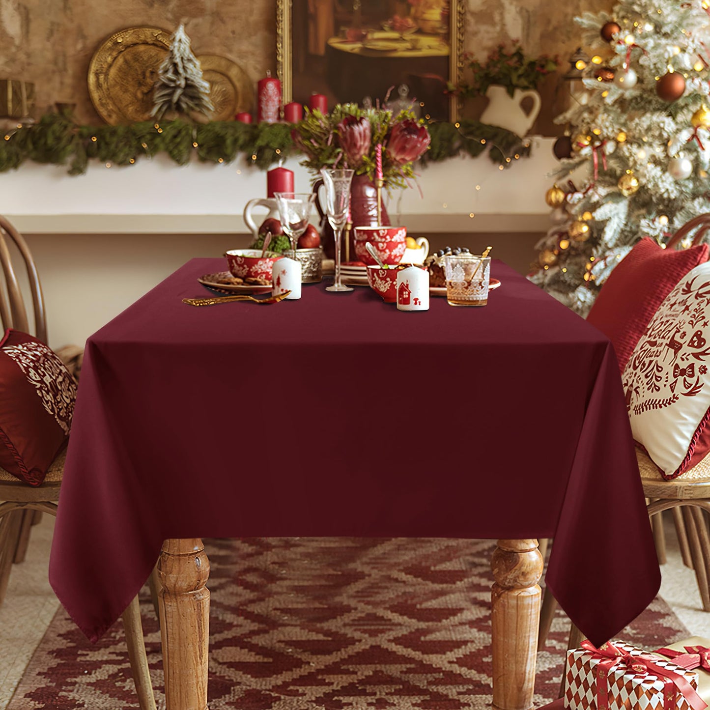 sancua 2 Pack Burgundy Tablecloth 60 x 84 Inch, Rectangle 4 Feet Table Cloth - Stain and Wrinkle Resistant Washable Polyester Table Cover for Dining Tables, Buffet Parties and Camping
