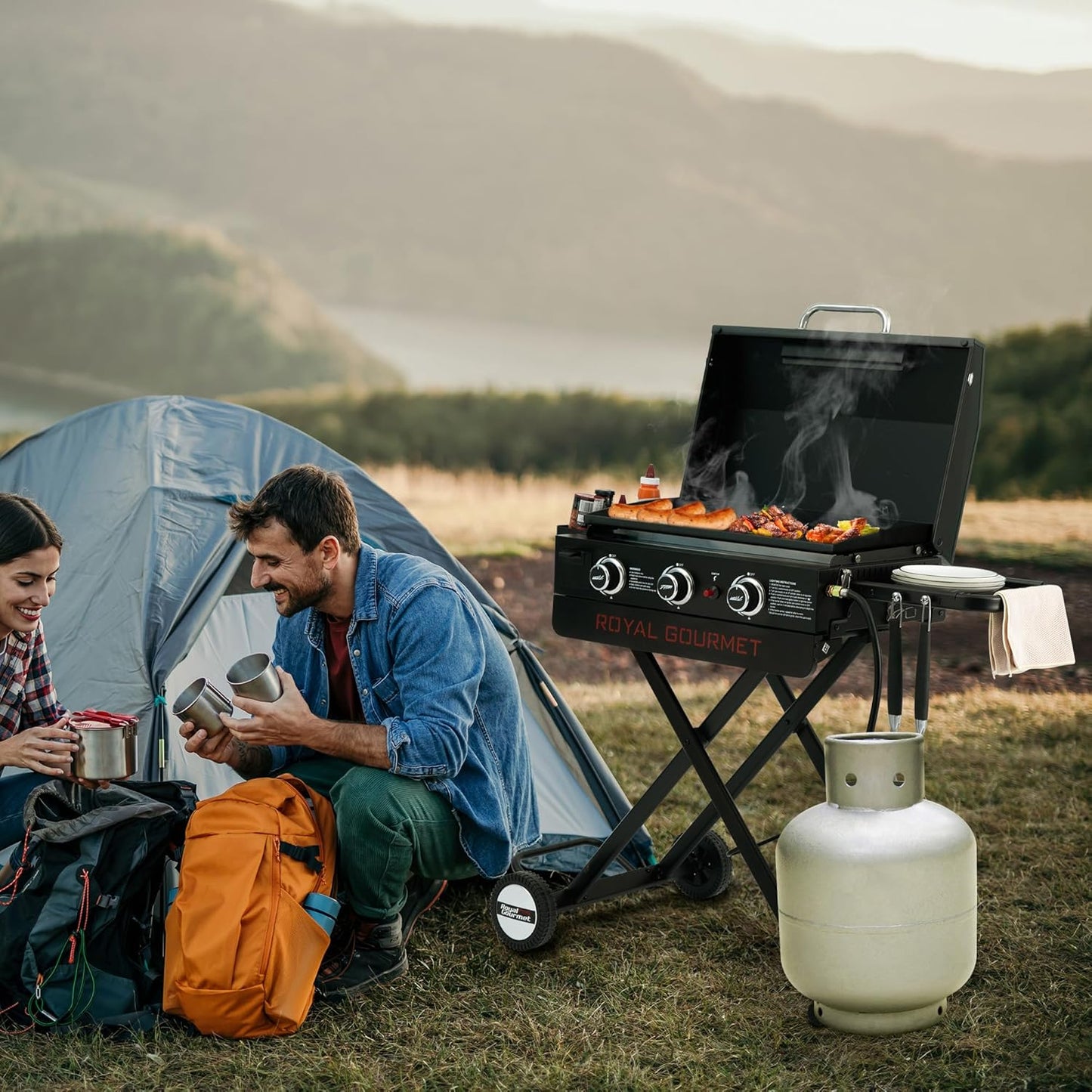 Royal Gourmet PD3001 3-Burner Propane Gas Griddle - 23-Inch Portable Grill with Collapsible Stand & Side Table for Camping, Tailgating, Backyard & Patio