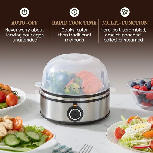 Elite Gourmet Easy Egg Cooker - 7-Egg Capacity for Soft, Medium, Hard-Boiled & Poached Eggs | Stainless Steel with Auto Shut-Off