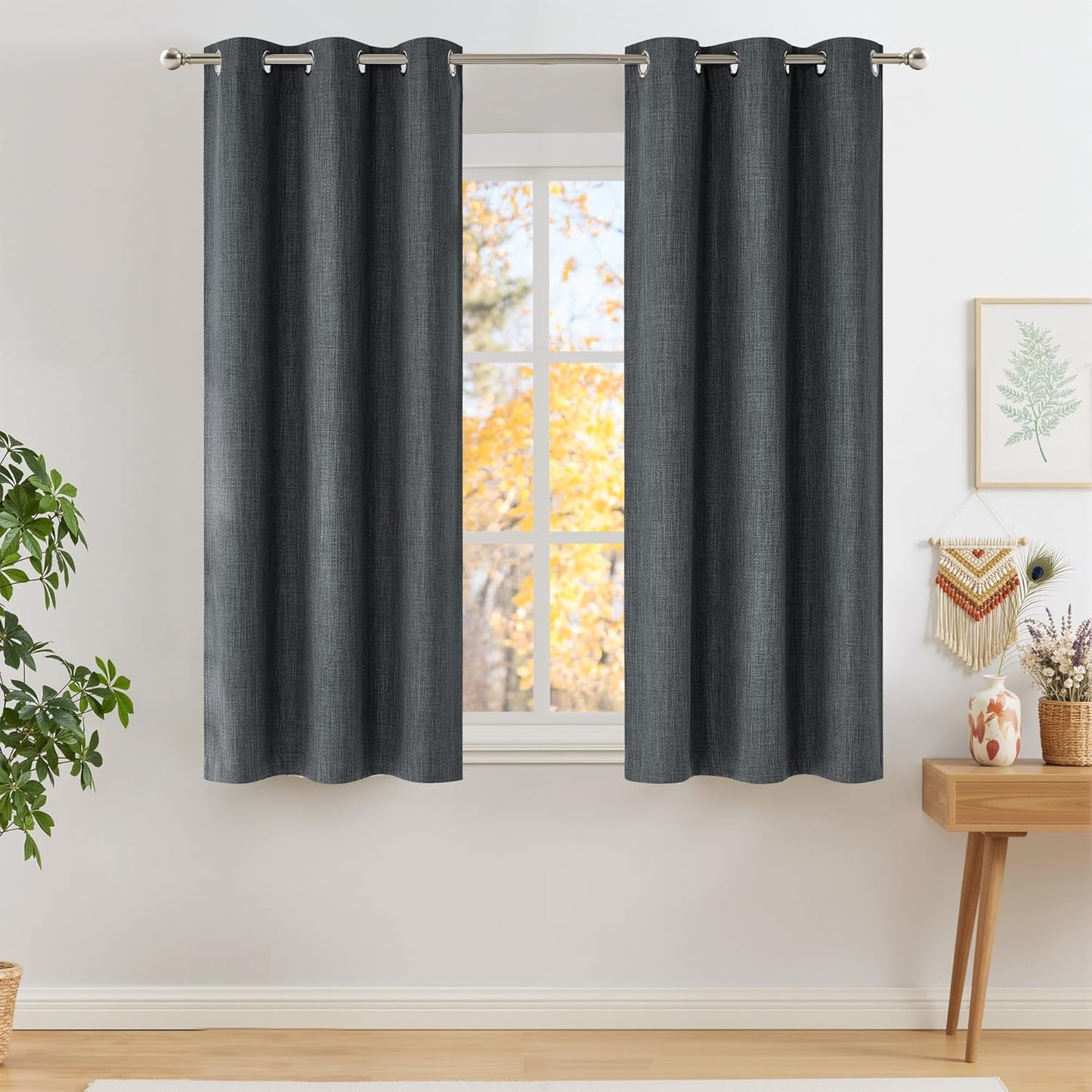 NICETOWN Blackout Curtains - Charcoal Gray Faux Linen Privacy Panels, 63 Inches Long | 2 Panels, Grommet Top