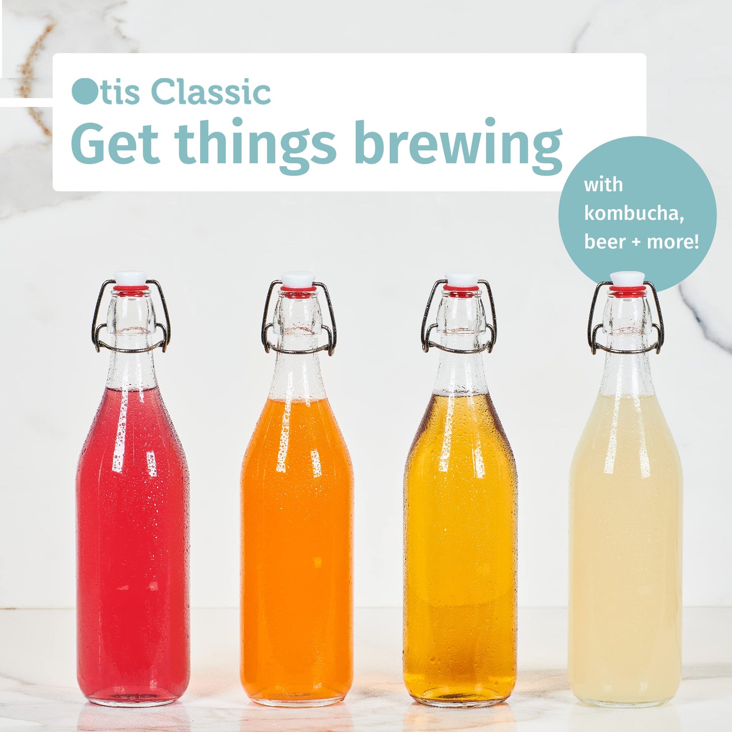 Otis Swing Top Glass Bottles with Ceramic Caps - 1 Liter, 4 Pack - Clear Glass Bottle for Kombucha Fermenting, Beer Brewing, Juicing, Wine, Milk or Eggnog