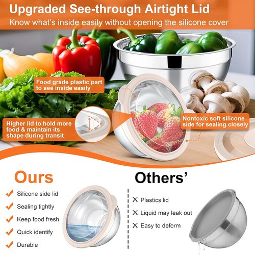 E-far Stainless Steel Mixing Bowls Set of 5 - Nesting Bowls with Transparent Lids & 3 Graters | Khaki