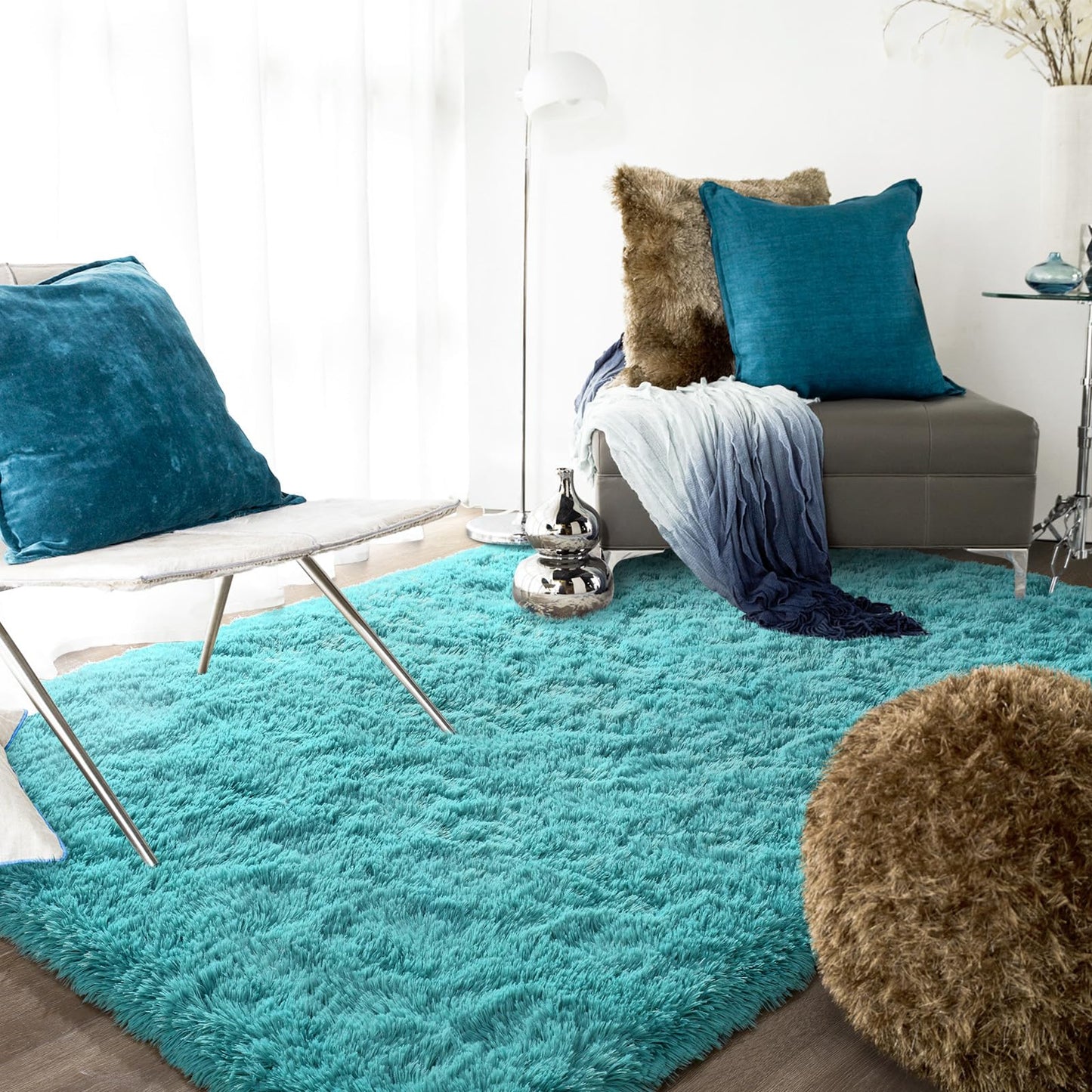 Ompaa Soft Fluffy Area Rug for Living Room Bedroom, 5x8 Teal Blue Plush Shag Rugs, Fuzzy Shaggy Accent Carpets for Kids Girls Rooms, Modern Apartment Nursery Dorm Indoor Furry Decor