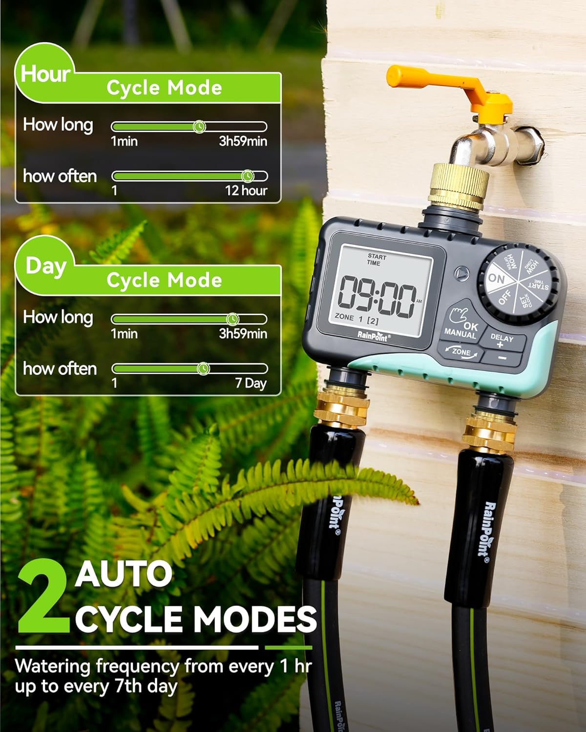 RAINPOINT 2-Zone Sprinkler Timer - Brass Inlet/Outlet for Automatic Irrigation System | Garden Hose Water Timer (Blue)