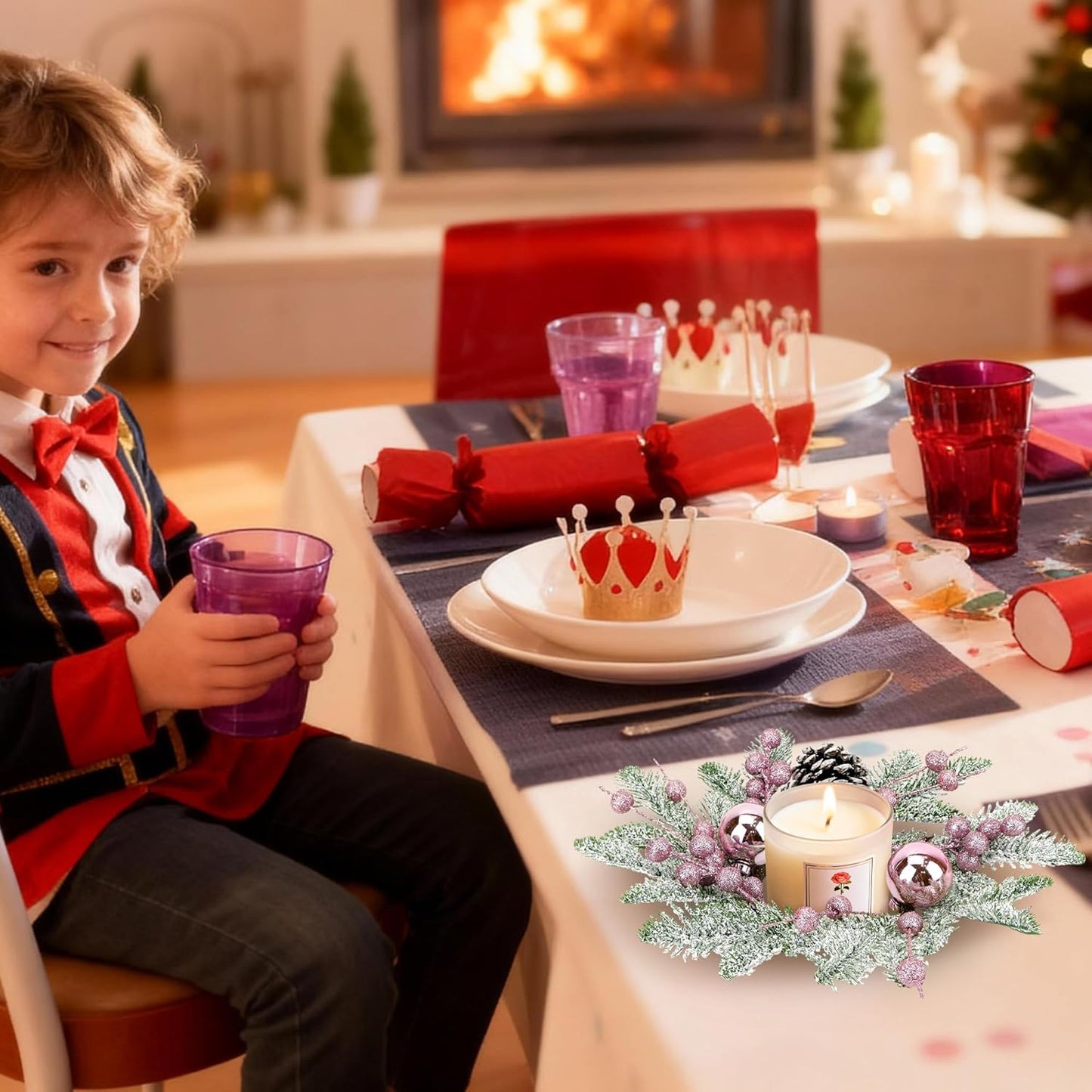Pink Christmas Candle Rings by [Brand Name] - 8-Inch Wreaths with Pine Cones, Berries & Pine Needles for Festive Table Decor