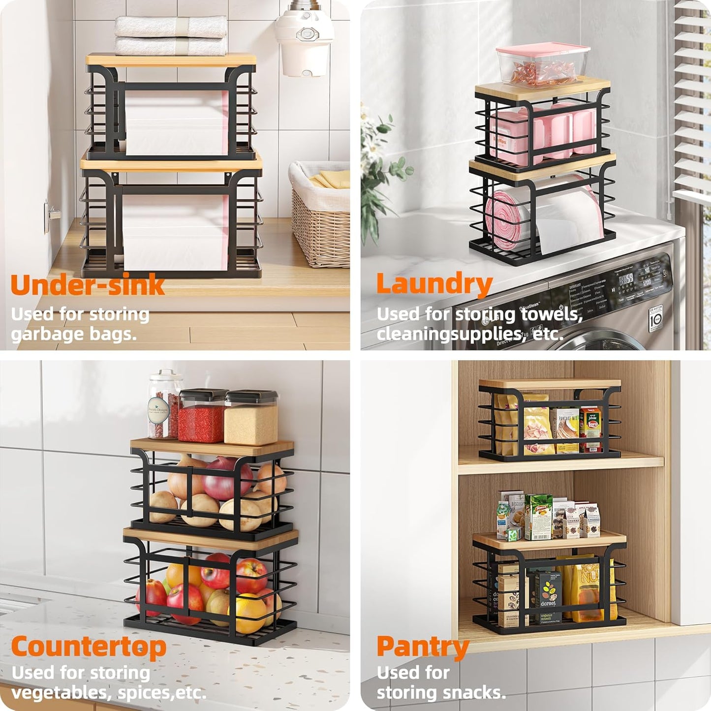 Sevenblue Stackable Trash Bag Holder - Bamboo Top & Adjustable Hooks for Easy Organization | Black