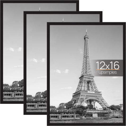 Upsimples 12x16 Picture Frame - Scratch-Proof Black Poster Frames for Photo Gallery | 3 Pack, Slide-In Design