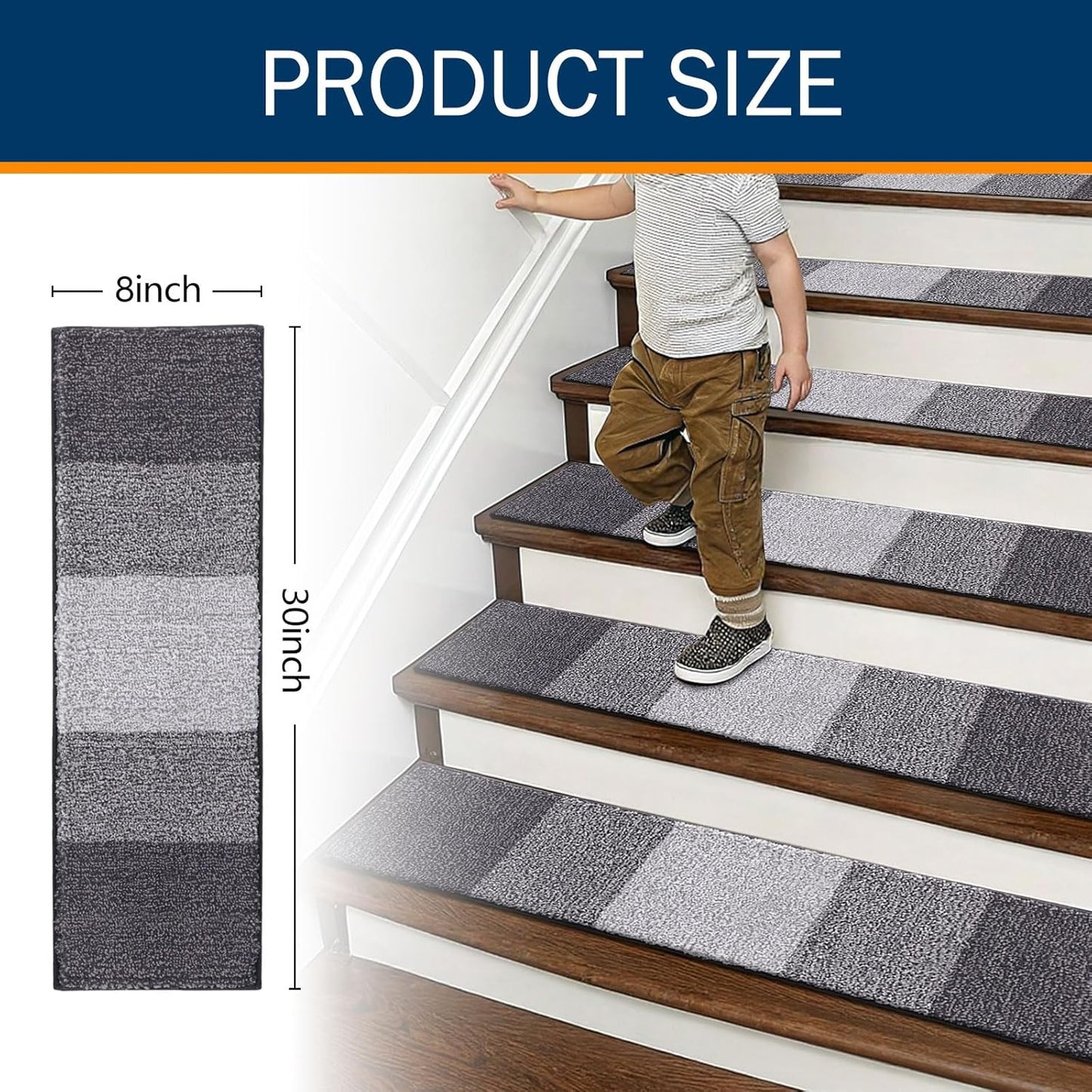 OLANLY Non-Slip Stair Treads - 15PCS Indoor Stair Runners for Wooden Steps | 8" x 30" Grey Edging Rugs with Reusable Adhesive for Kids, Elders, and Pets