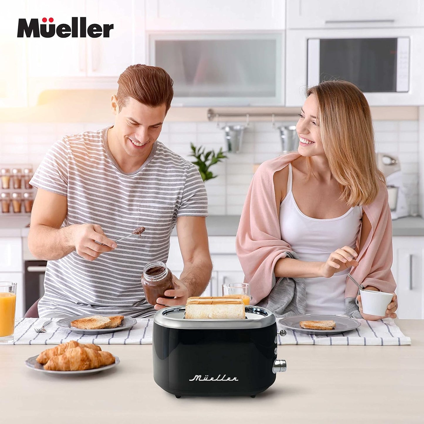 MUELLER HOME Retro 2-Slice Toaster - 7 Browning Levels, Stainless Steel, Black Finish