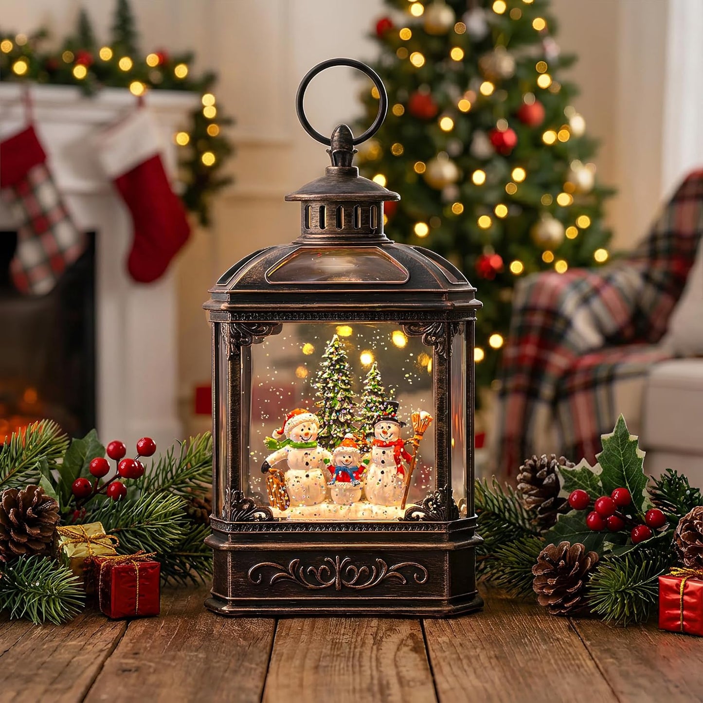 VISFLAIR Christmas Snow Globe | Lighted Snowman Family Lantern with Musical Glitter Swirl - Holiday Decor