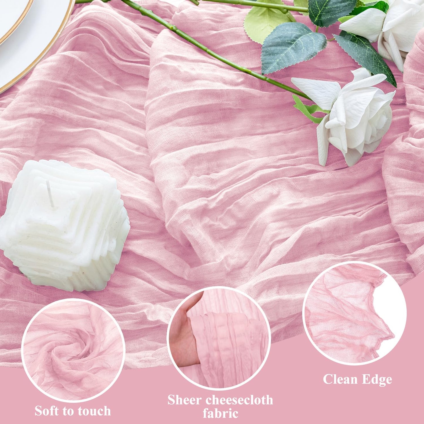 Xiomot Table Runner Pink Cheesecloth Valentine's Day 10FT Blushing Pink Boho Gauze Cheese Cloth Rustic Sheer Table Runners for Summer Wedding Bridal Baby Shower Party Decoration