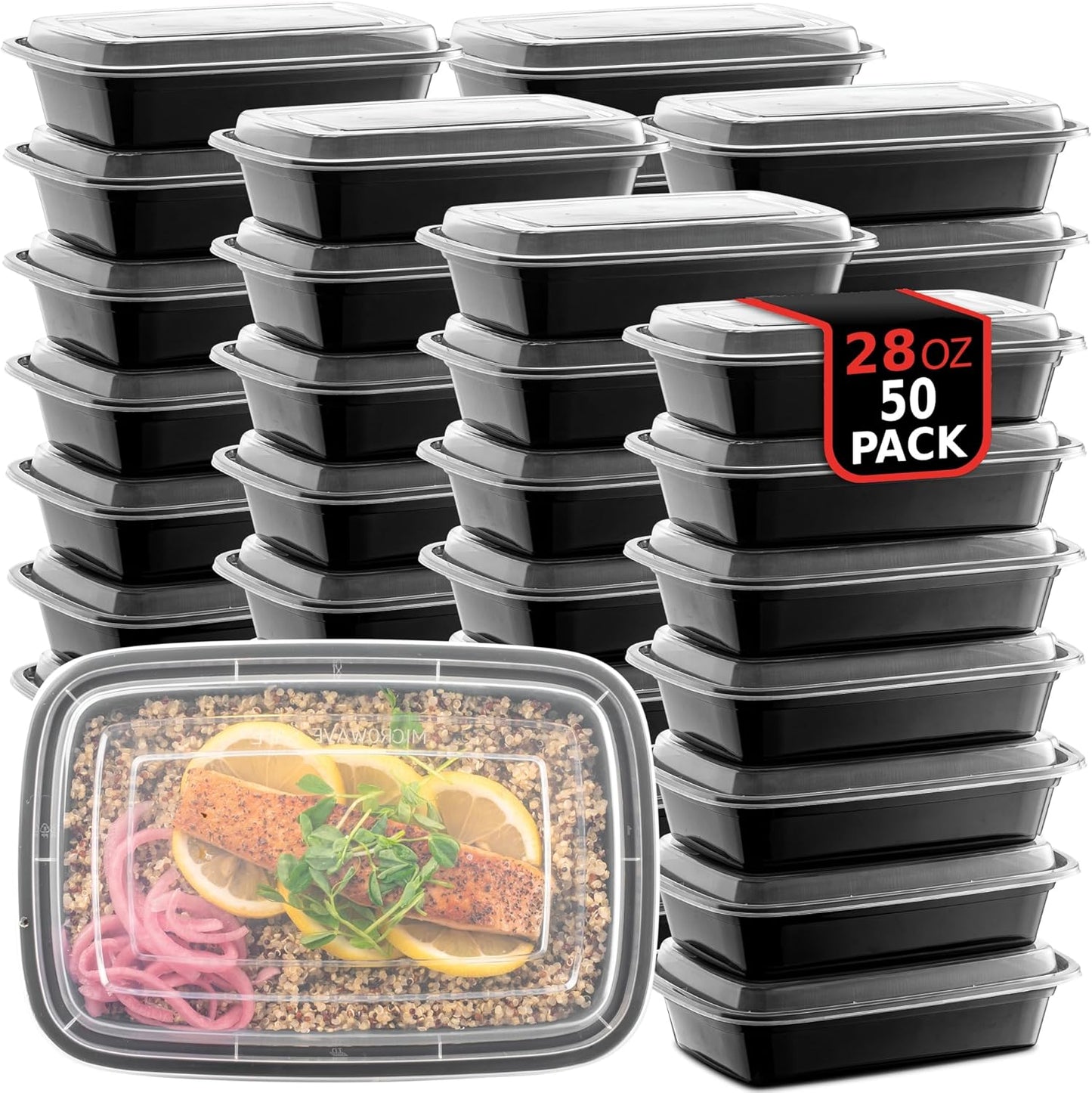 Reusable Meal Prep Containers by [Brand Name] - Microwave Safe 28 oz Food Storage with Lids | 50-Pack, BPA Free