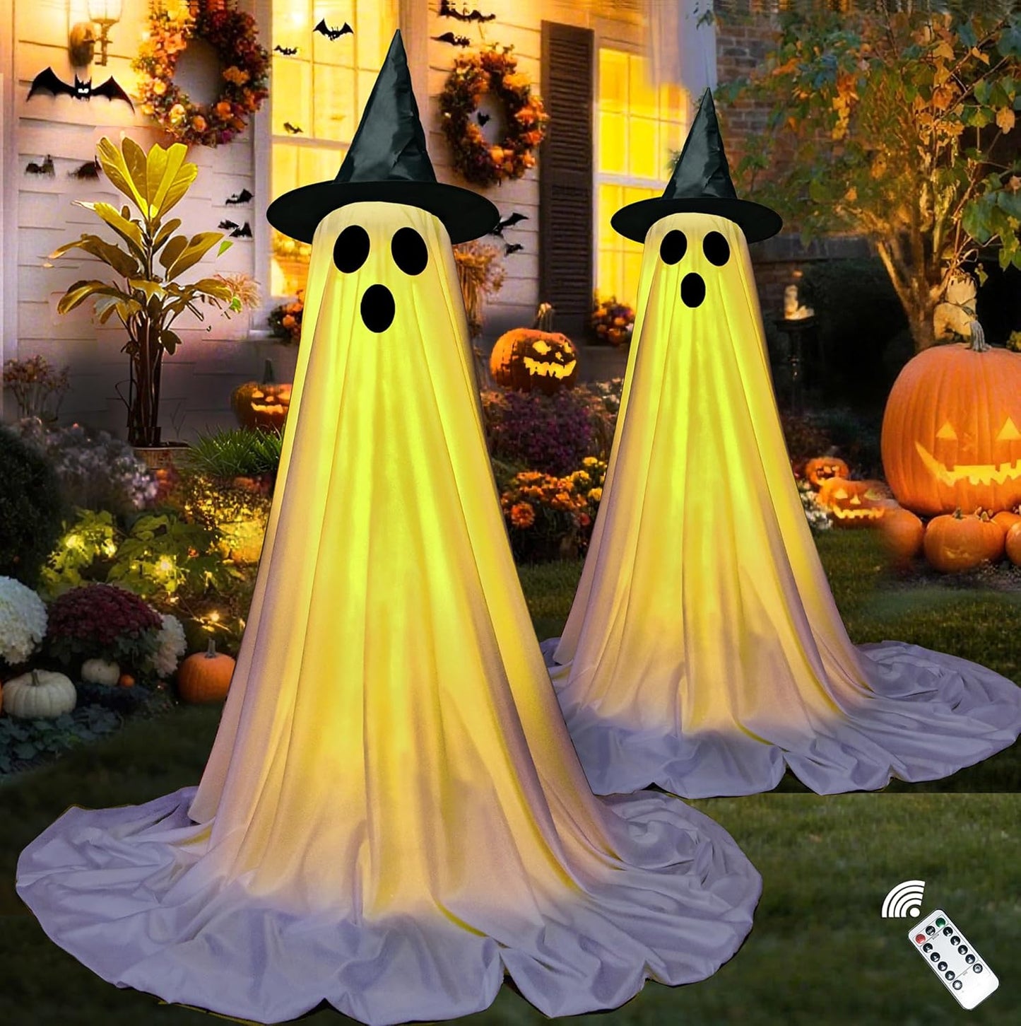 VersaCharm Halloween Ghost LED String Lights - Spooky Indoor/Outdoor Decor with Remote Control | 2 Pack, White