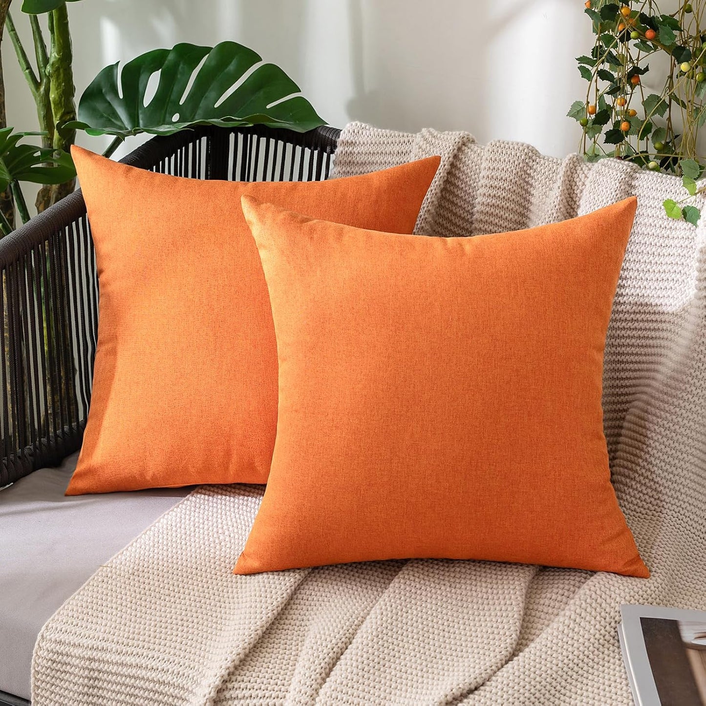 MIULEE Decorative Outdoor Throw Pillow Covers - Waterproof Faux Linen Cushion Cases | 18x18 Inch Bright Orange (Pack of 2)